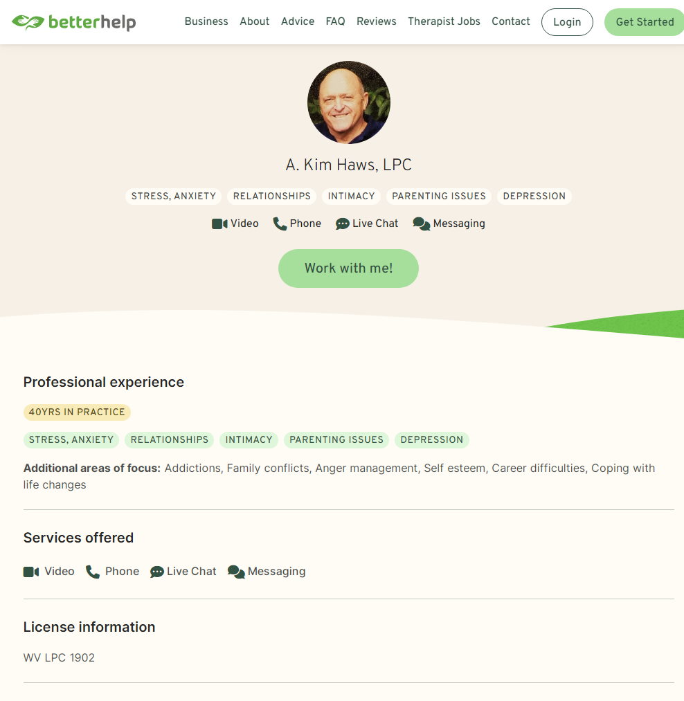 WV LPC 1902 - Andro Kim Haws BetterHelp Profile