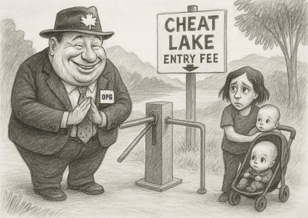 Political cartoon showing a dam owner charging a FERC park entry fee to a mom walking her babies | Photo Credit: Save Cheat Lake